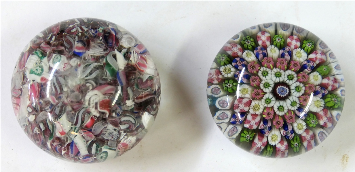 2 Millefiori Art Glass Paperweights - Concentric Flowers and Abstract Shapes - Floral Measures 1 1/4" Tall 2 1/4" Across