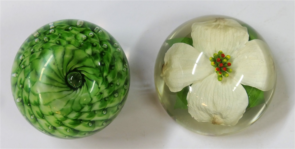 Green and White Art Glass Paperweight with Bubbles and Acrylic Paperweight with Preserved Dogwood Flower - Signed W. Rolfe - Green Paperweight Measures 2" Tall 2 1/2" Across