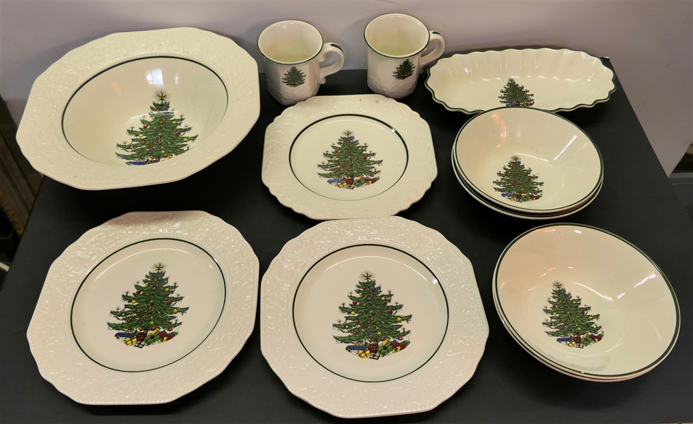 11 Pieces of Cuthbertson "Original Christmas Tree" China - 3 Square Plates, 2 Mugs, 4 Bowls, Serving Bowl, and Oval Dish - 2 Bowls Have Paint Flakes on Rim