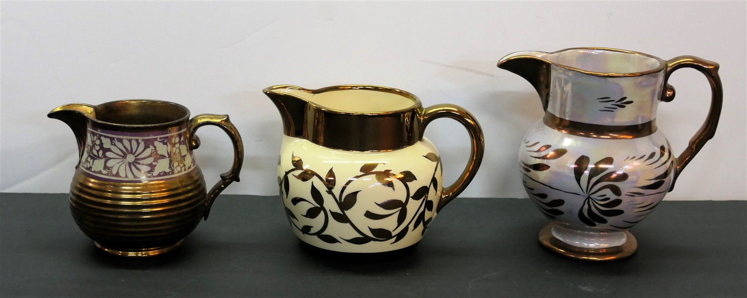 3 Copper Lustre Pitchers - Tallest Cumbow Measures 5 1/2" Tall, Hand Painted Old Lustre Ware HW 874, and Smallest Ringed - Measures 3 5/8"