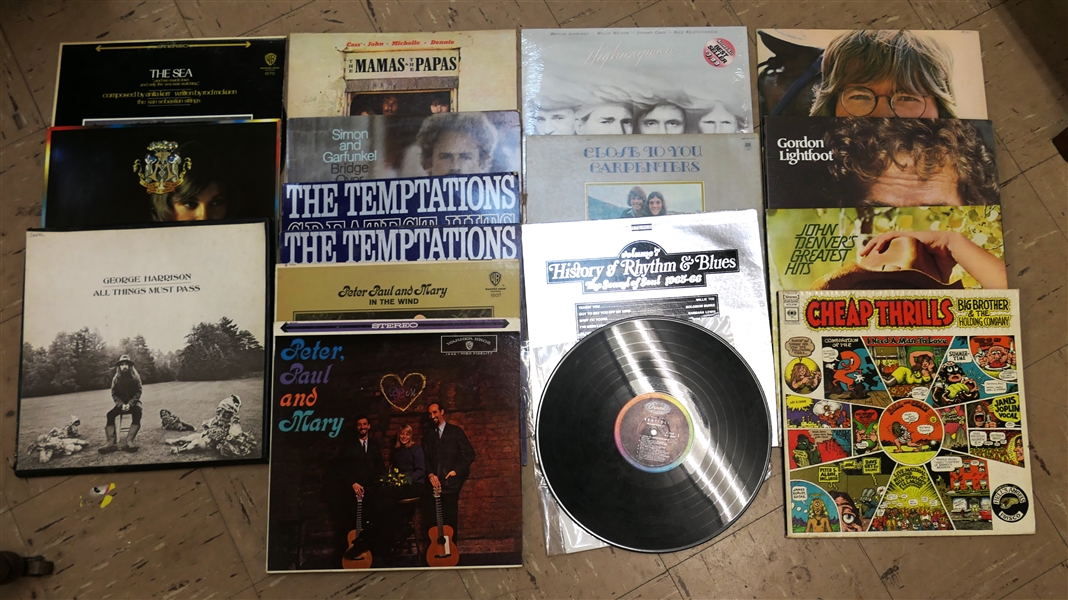 Collection of Vintage Rock and Roll Albums including "Cheap Thrills" Big Brother & The Holding Company, John Denver, Peter Paul and Mary, George Harrison, The Temptations, The Carpenters, Willia...