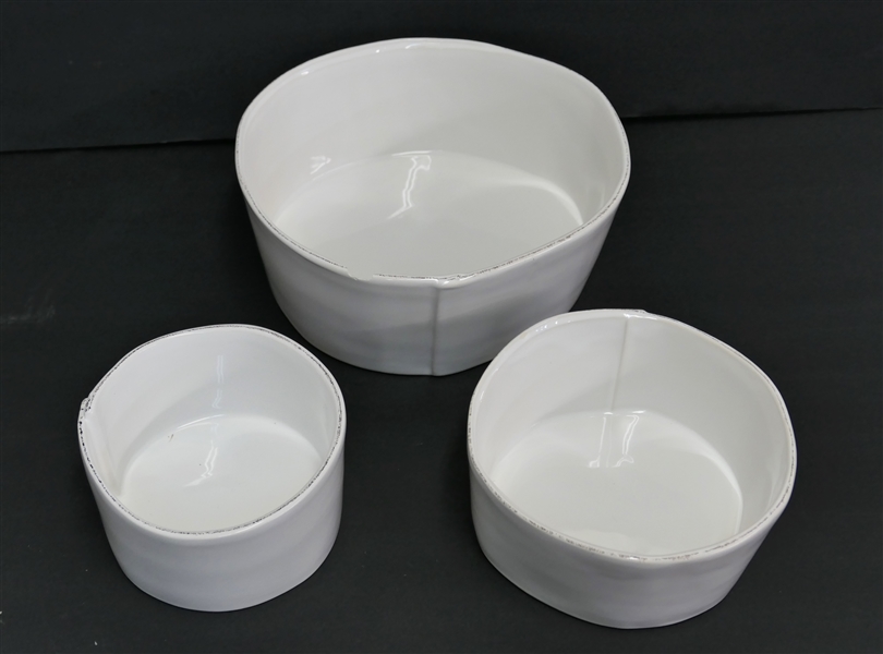 3 Vietri "Lastra" White Bowls - 4 3/4" 5 3/4" and 7 3/4" Across - Largest Bowl Has Large Chip on Inside of Bowl 