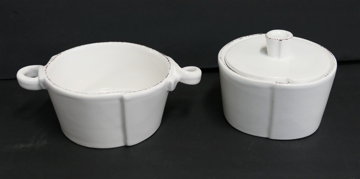 Vietri " Lastra" White Sugar Dish with Lid and Double Handled Soup Bowl - Bowl Measures 5 1/8" Across