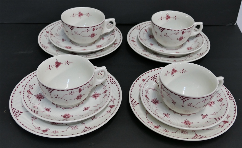 4 - Furnivals "Denmark Pink"  Cup & Saucer Trios - Cup, Saucer, and Dessert Plate - 16 Pieces Total - Made in England 