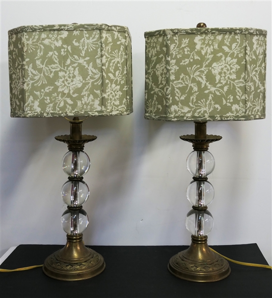 Pair of Nice Heavy Crystal and Brass Table Lamps - Brass Bases and Mounts - Each Has 3 Heavy Crystal Balls - Nice Floral Shades - Each Lamp Measures 26" Tall 