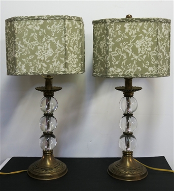 Pair of Nice Heavy Crystal and Brass Table Lamps - Brass Bases and Mounts - Each Has 3 Heavy Crystal Balls - Nice Floral Shades - Each Lamp Measures 26 Tall 
