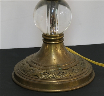 Pair of Nice Heavy Crystal and Brass Table Lamps - Brass Bases and Mounts - Each Has 3 Heavy Crystal Balls - Nice Floral Shades - Each Lamp Measures 26 Tall 