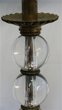 Pair of Nice Heavy Crystal and Brass Table Lamps - Brass Bases and Mounts - Each Has 3 Heavy Crystal Balls - Nice Floral Shades - Each Lamp Measures 26 Tall 