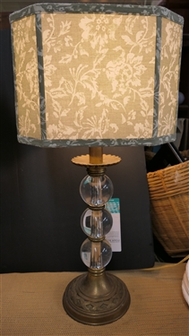 Pair of Nice Heavy Crystal and Brass Table Lamps - Brass Bases and Mounts - Each Has 3 Heavy Crystal Balls - Nice Floral Shades - Each Lamp Measures 26 Tall 