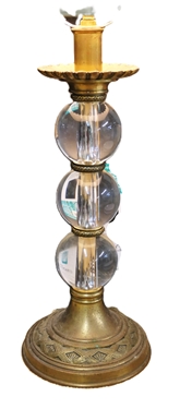Pair of Nice Heavy Crystal and Brass Table Lamps - Brass Bases and Mounts - Each Has 3 Heavy Crystal Balls - Nice Floral Shades - Each Lamp Measures 26 Tall 