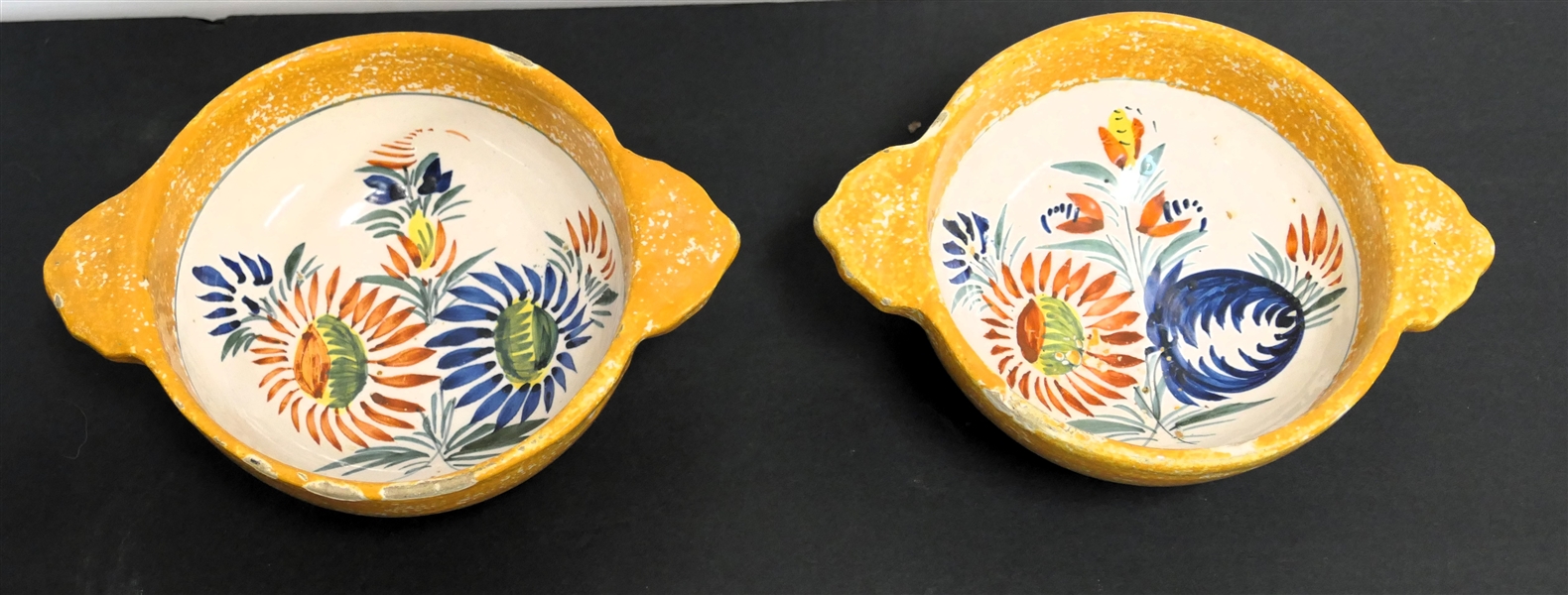 2 Hand Painted Quimper France Soup Bowls - Each With Double Handles - Can Hang on Wall - Each Measures 7" Handle  - Some Unglazed Areas on Edges 