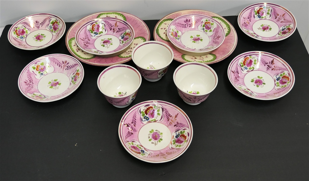 12 Pieces of Nineteenth Century Pink Luster - Floral Bone China - 3 Tea Bowl and Saucer Sets, 4 Saucers, and 2 8" Plates