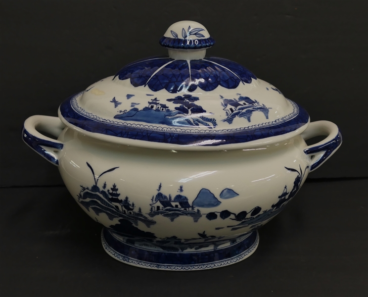 Blue Canton - Chinese Export Tureen with Lid - Measures 14 3/4" Handle to  Handle 9" Wide - Sticker Residue on Top - Not Damaged