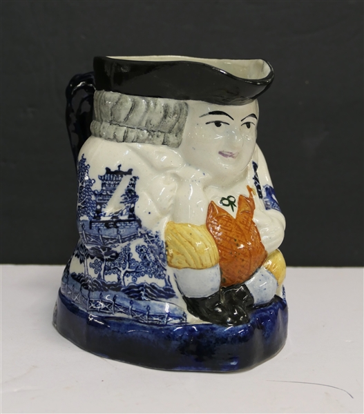 Antique Staffordshire Toby Jug with Blue Willow Transferware Decoration - Jug Measures 5 1/2" Tall 