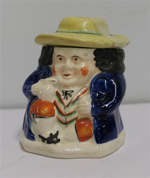 Antique Staffordshire Toby Jar- Squatty Toby Jar with Lid - Lid Has Glazed Over Chip on Inside of Rim - Measures 4" Tall 