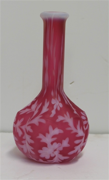 Cranberry Daisy and Fern Satin Glass Bottle - Barber Bottle - Measures 7 1/2" Tall