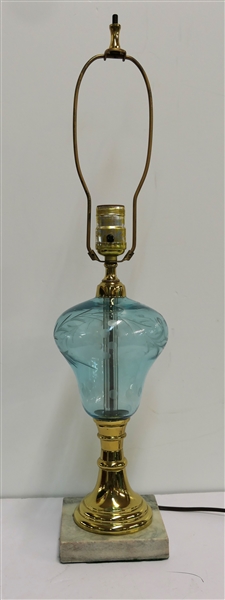 Beautiful Blue and Brass Table Lamp with Marble Base - Etched Leaves and Berries on Font  - Lamp Measures 15" To Bulb - Lamp Is Missing Finial 