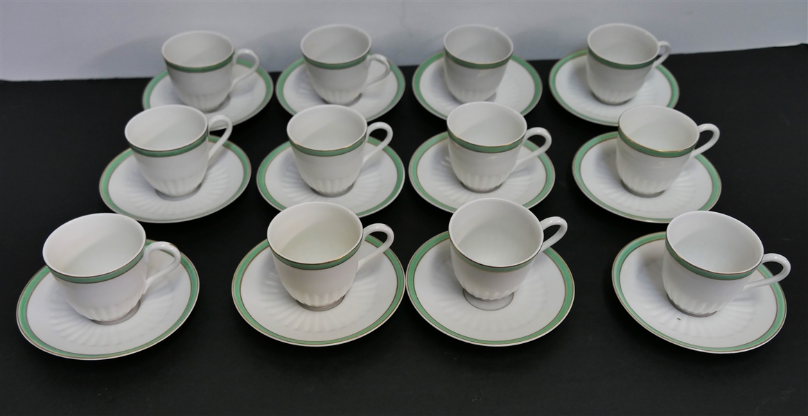  12 - V.A. Portugal Espresso / Demitasse Cup & Saucer Sets - Vista Alegre - Portugal - White China with Green and Gold Trim- Each Cup Measures 2" tall 2 1/8" Across