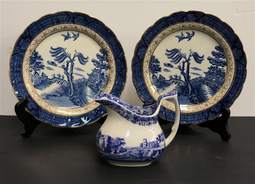 Spode Blue Willow Creamer and 2 - Booths "Real Old Willow" Plates - Plates Measure 7 3/8"