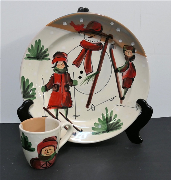 Large Vietri Christmas / Winter Scene Platter and Mug - Snowman and Skier - Platter Measures 13 3/8" Across