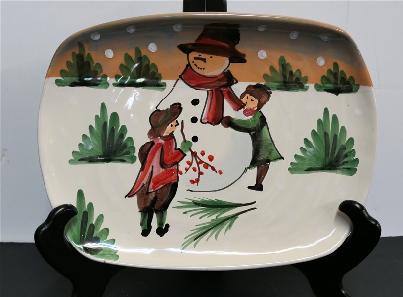 Vietri Christmas / Winter Rectangular Platter - Snowman and Children - Platter Measures 14" by 10 1/4"