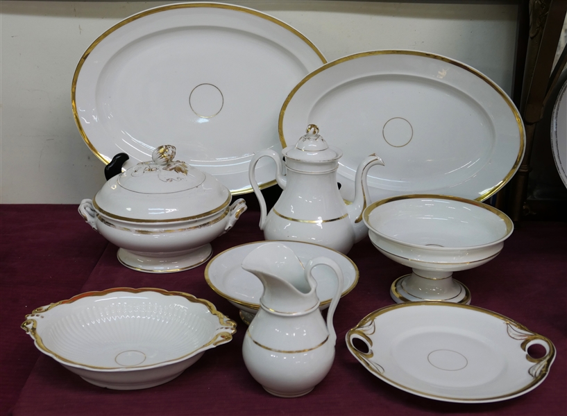 9 Pieces of White China with Gold Decoration - Some Marked L other K&K - Oval Platters Measure 15 1/2" and 17 1/2" - Tea Pot Measures 8" Tall  - Pitcher Has Chip and Hairline Crack