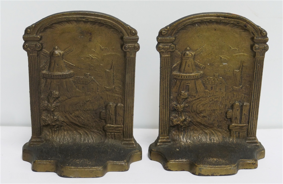 Pair of "Ye Old Mill" Metal Bookends - Each Measures 5" Tall 