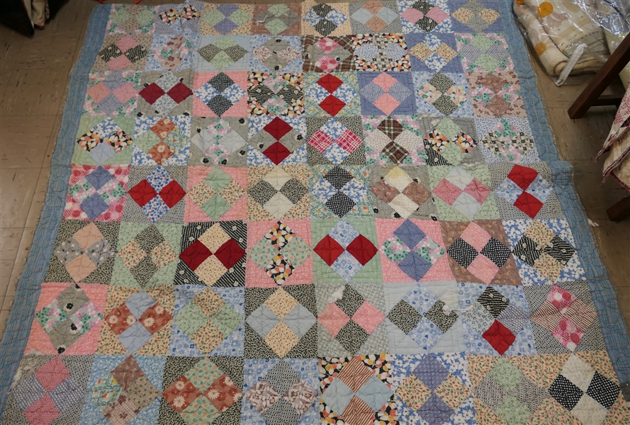 Hand Quilted and Hand Stitched Patchwork Quilt - Measures 66" by 72" Some Wear and Small Tears 