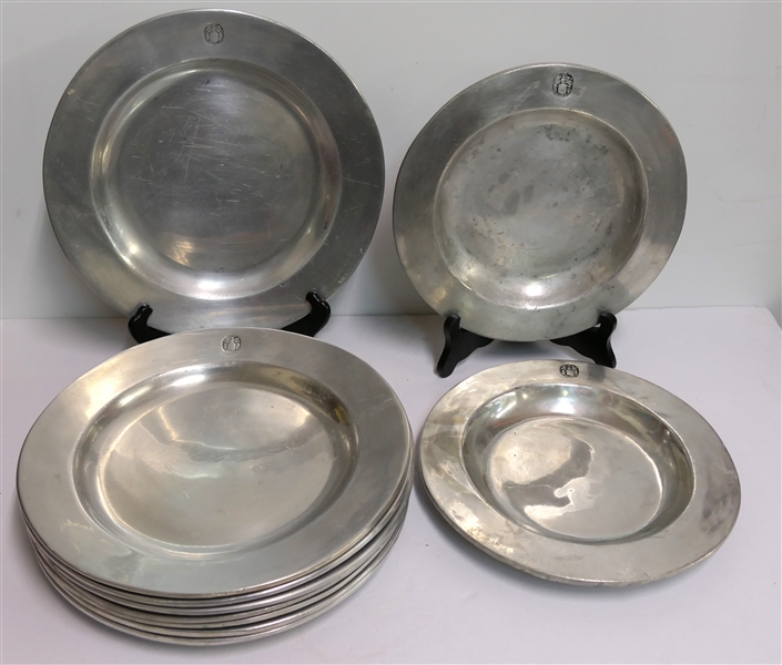 10 Pieces of Wilton Pewter - 8 Pewter Plates and 2 Pewter Rimmed Soup Bowls - Each Plate Measures 10 1/2" Soup Bowls Measure 9 1/4"