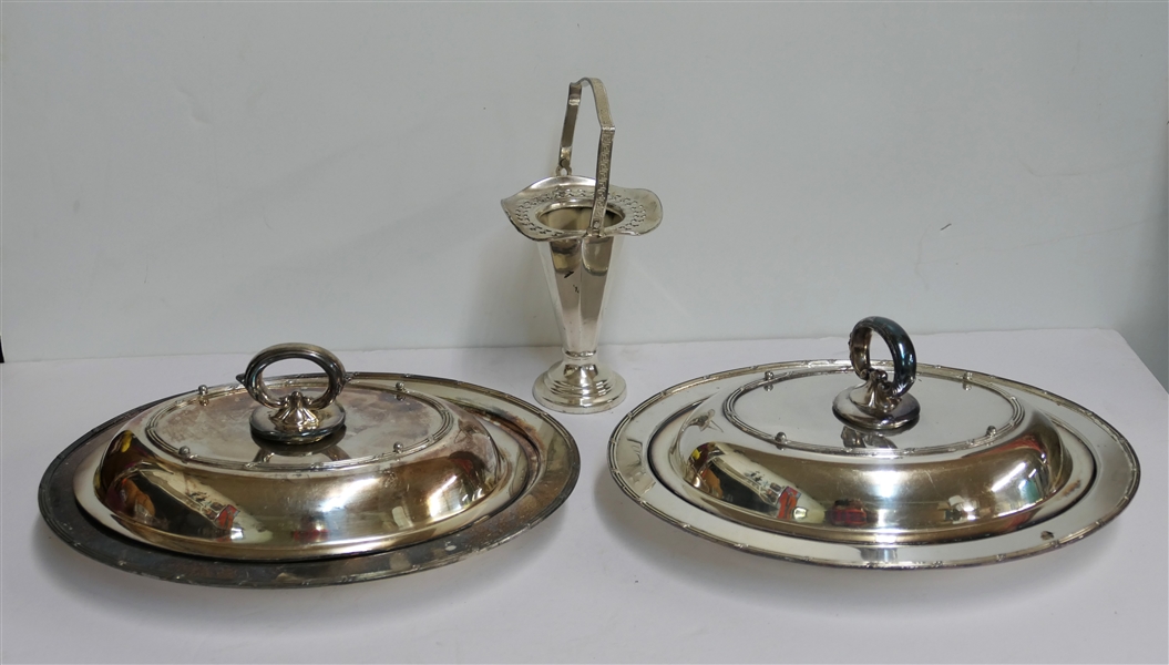 3 Pieces of Silverplate - 2 EPNS Oval Covered Dishes and Basket - Basket Measures 5" Tall 