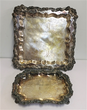 2 Footed Silverplate Trays - Rectangular - Beautifully Decorated - Measures 12 by 9 3/4 Square measures 15 by 15 