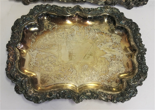 2 Footed Silverplate Trays - Rectangular - Beautifully Decorated - Measures 12 by 9 3/4 Square measures 15 by 15 