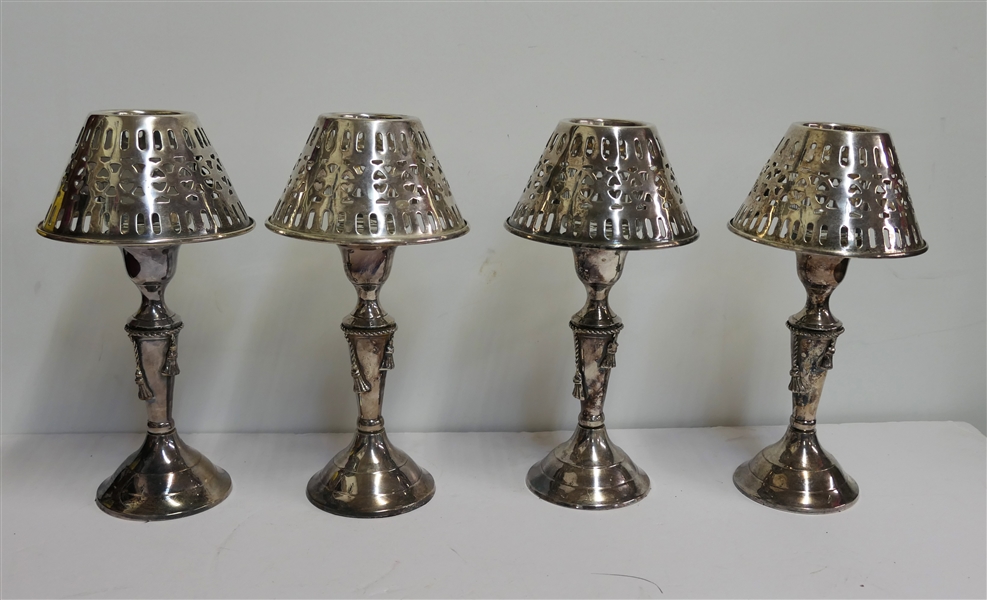 Set of 4 Table Décor International Silverplate Candle Lamps with Pierced Shades - Tassel Details on Each Candle Stick -Candle Sticks Measures 9" Tall 