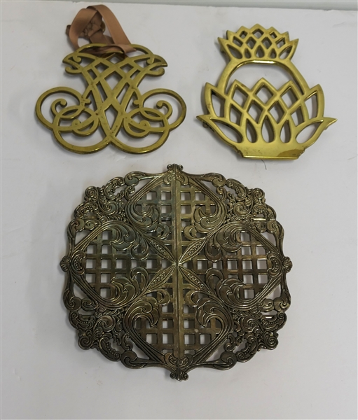 3 Trivets - Virginia Metalcrafters Pineapple, Virginia Metalcrafters Thomas Jefferson Cypher, and Godinger Silverplate 