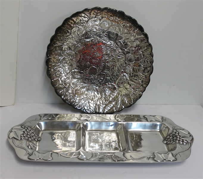 Reed & Barton Silverplate Platter with Embossed Strawberries and Leaves and Tan Jan Handmade in Mexico Tray with Grapes and Leaves - Rectangular Platter Measures 20 1/2" by  8 1/4"