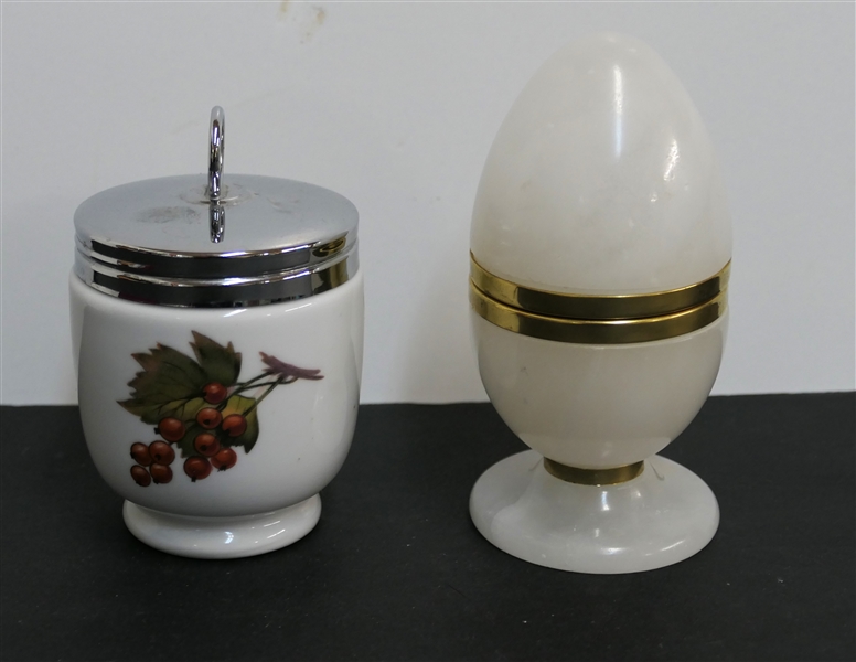 Made in Italy Alabaster Egg Shaped Trinket Box and Royal Worcester Porcelain Egg Coddler - Italian Egg Measures 5" Tall 