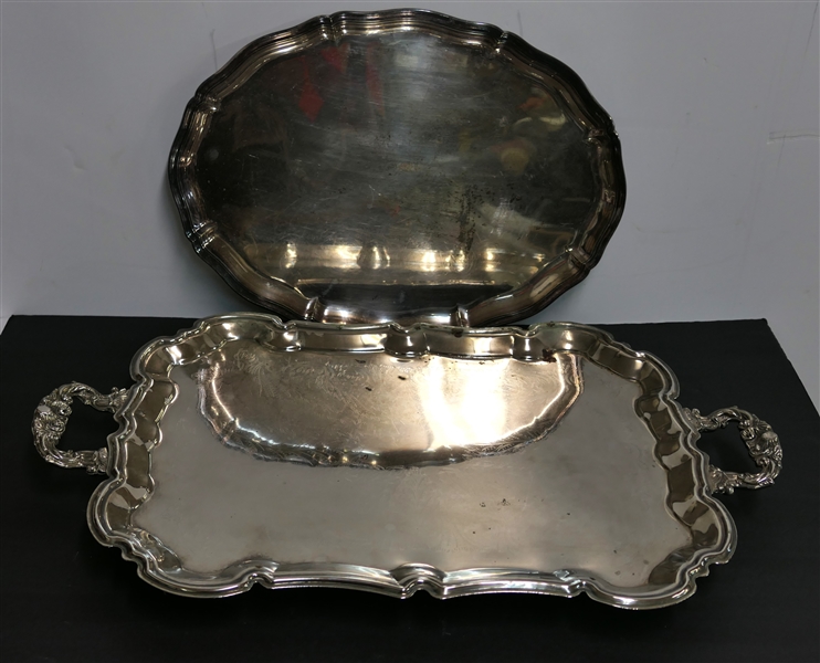 2 Chippendale Style Silverplate Trays - Oval Measures 16 1/2"  by 12" - Rectangular Has Some Pitting - Measures 24" Handle to Handle 