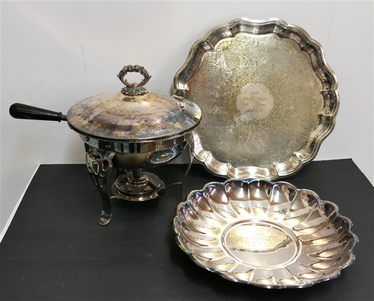 3 Silver Plate Trophies  - Round  Bowl - 1967 Elks National Golf Tournament, 1972 Polly Frye - 20 Years - Missing Foot, and MKCC Handicap Champion 1955 - Chafing Dish 