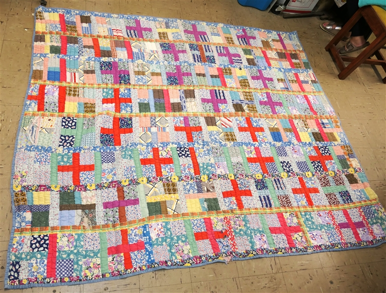 Hand Stitched and Quilted Patchwork Quilt with Blue Back - Cross Pattern - Quilt Measures 76" by 66" - Some Torn Places - See Photos