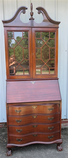 Mahogany Serpentine Front Secretary Desk - Broken Arch Top - Drop Front Writing Surface with Divided Interior - Over 4 Dovetailed Drawers - Top Cabinet with Adjustable Wood Shelves Overall Measures...