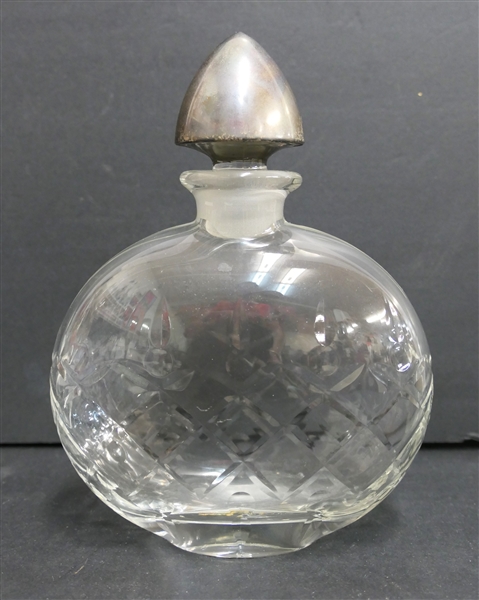 Beautiful Cut Glass Bottle with Sterling Silver Hallmarked Stopper - Large Perfume Display Bottle - Measures 8 1/4" Tall 6 1/2" Across - Small Dent in Sterling Stopper 