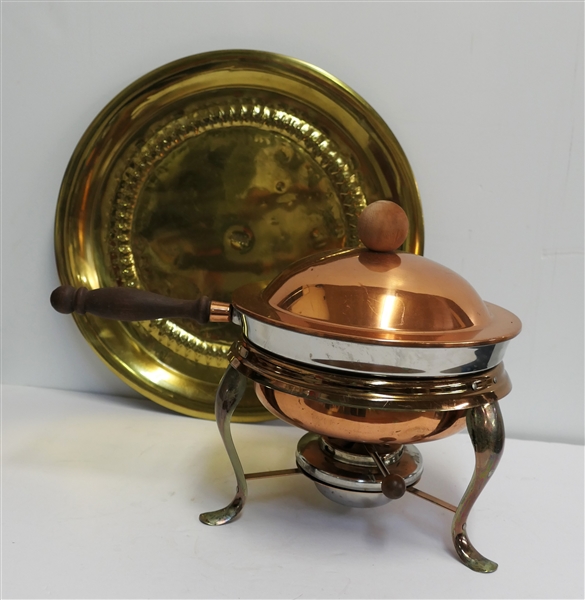 Hand Chased Brass Platter Dated 1933 and Copper Chafing Dish with Wood Handle - Brass Platter Measures 16 1/4" Across