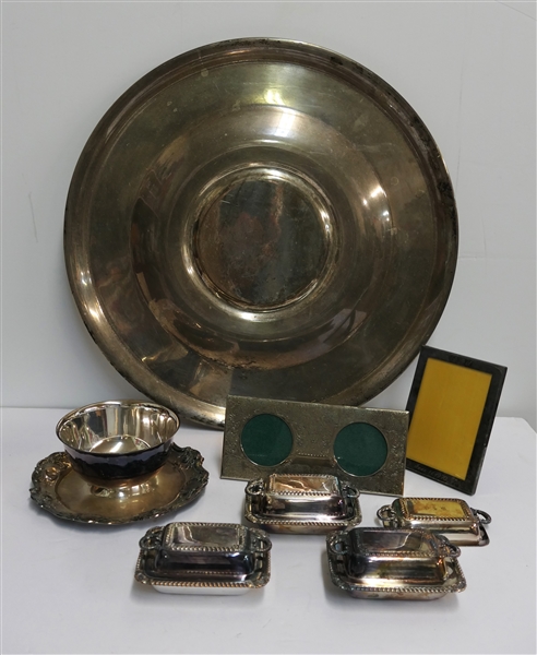 Lot of Silver Plate Items including Large Round Platter, Towle Bowl with Attached Underplate, 2 Frames, 3 Individual Butter Dishes with Lids, and 1 Additional Monogrammed Lid  - Platter Measures...