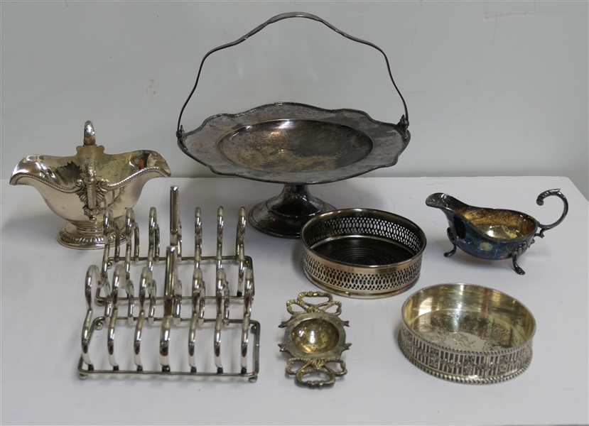 Lot of Silver Plate Items including Basket Compote, Toast Holders, Wine Coaster, Gravy Boats, and Tea Strainer