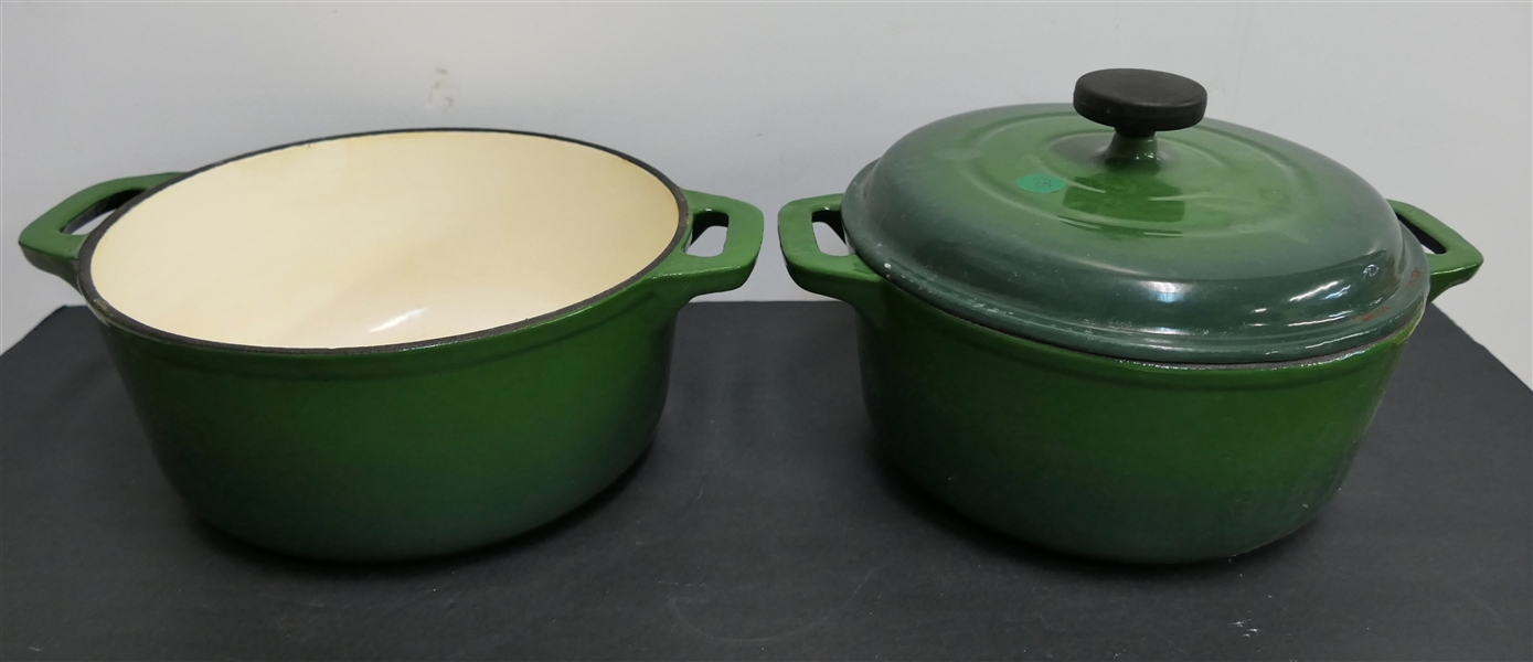 2 - Tramontana 3.5 Quart Green Cast Iron Enamel Pots with 1 Lid- Some Discoloration Inside 