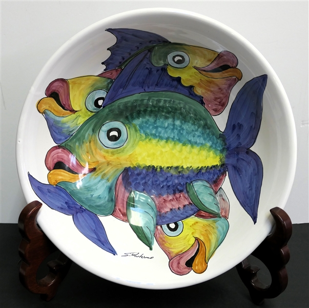 Large S. Rubino Hand Painted Bowl with Happy Colorful Fish  - Bowl Measures 14 3/4" Across