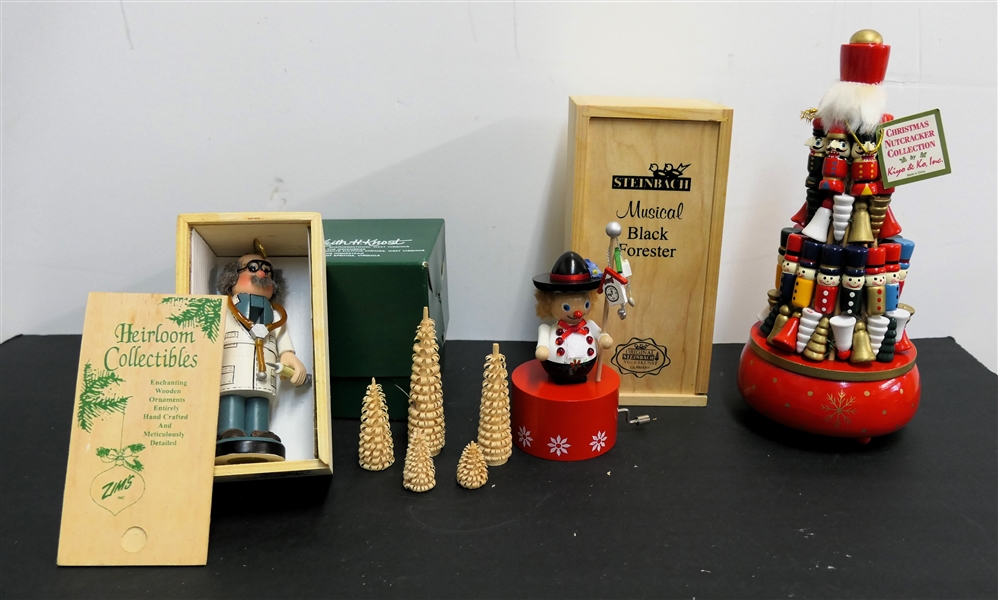 Collection of Wooden Christmas Decorations including Steinbach "Musical Black Forester" German Hand Crafted and Hand Painted Music Box in Original Wood Box, Heirloom Collectibles Doctor Ornament,...