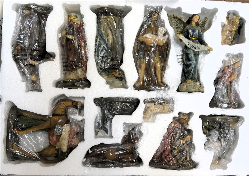 Beautiful Resin Nativity Set - Plastic Wrapped in Original Styrofoam Fitted Box - "Gloria" Angel Measures 7 1/2" Tall 