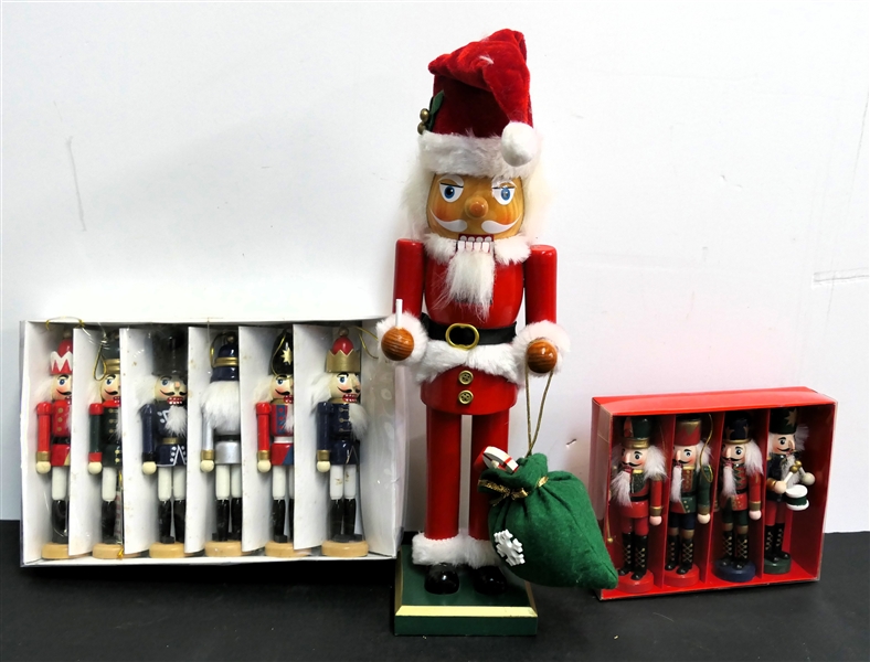 Collection of Wooden Nutcrackers including 15" Nutcracker, 6 6" Ornaments, and 4 - 5" Ornaments in Original Boxes