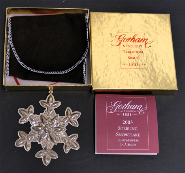 Gorham 2003 Thirty Fourth Annual Snowflake Sterling Ornament - In Original Box with Felt Pouch - $84 Original Price - Each Ornament Measures 3 1/2" Across